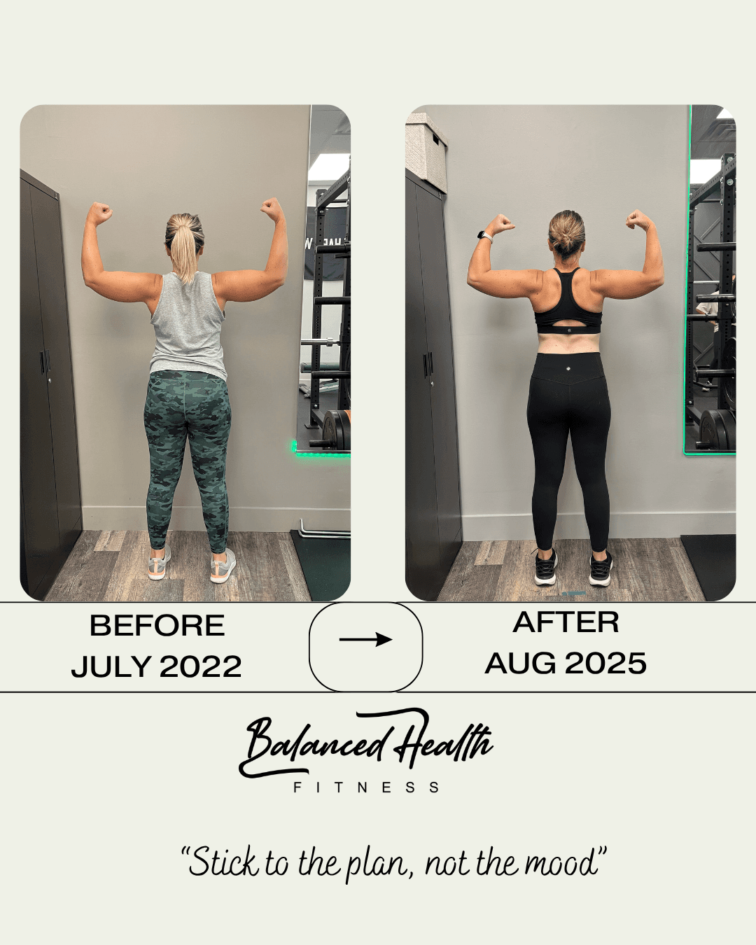 Gillian before (July 2022) and after (August 2025), back view, flexing, with the Balanced Health Fitness logo and the line Stick to the plan, not the mood.