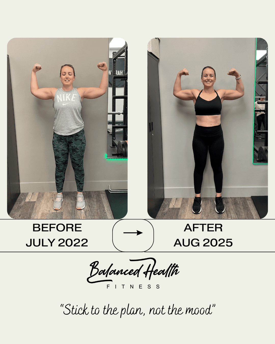 Gillian before (July 2022) and after (August 2025), front view, flexing, with the Balanced Health Fitness logo and the line Stick to the plan, not the mood.