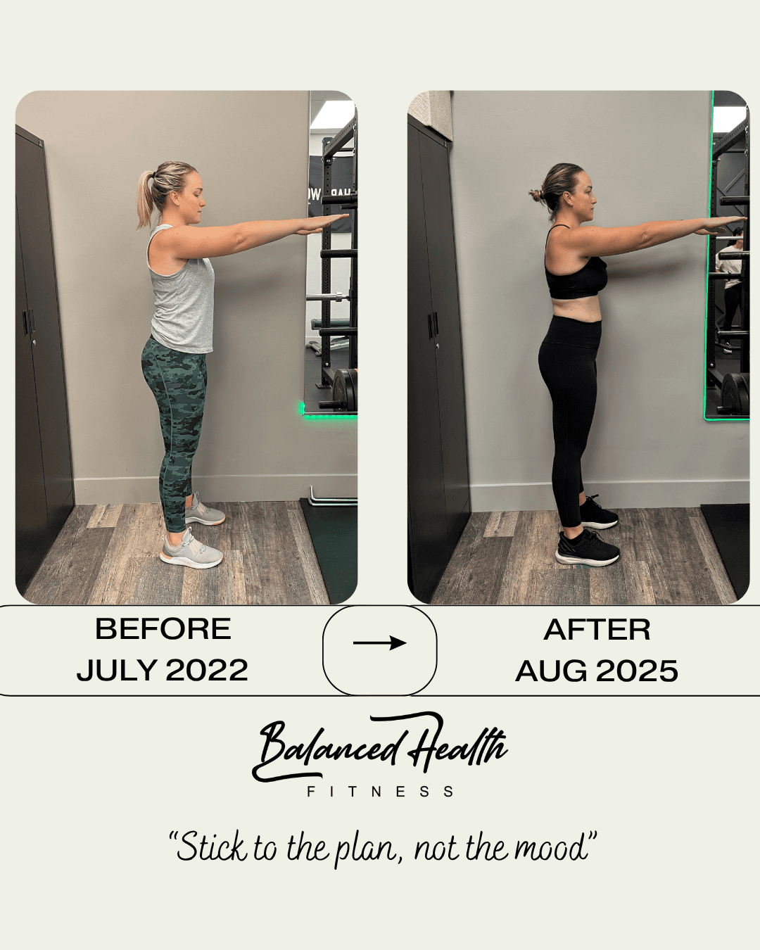 Gillian before (July 2022) and after (August 2025), side view, arms forward, with the Balanced Health Fitness logo and the line Stick to the plan, not the mood.