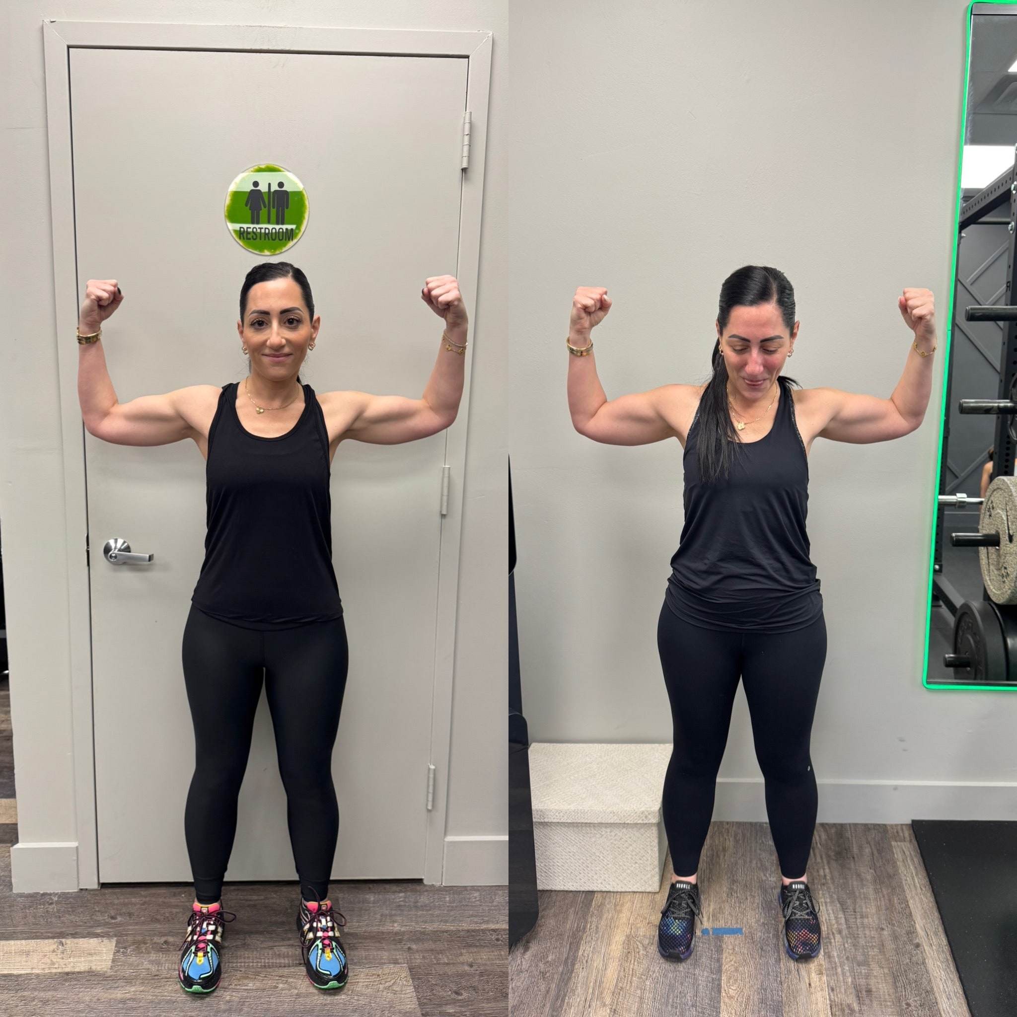 A busy mom of three before and after training at Balanced Health Fitness: two photos side by side, flexing, front view.