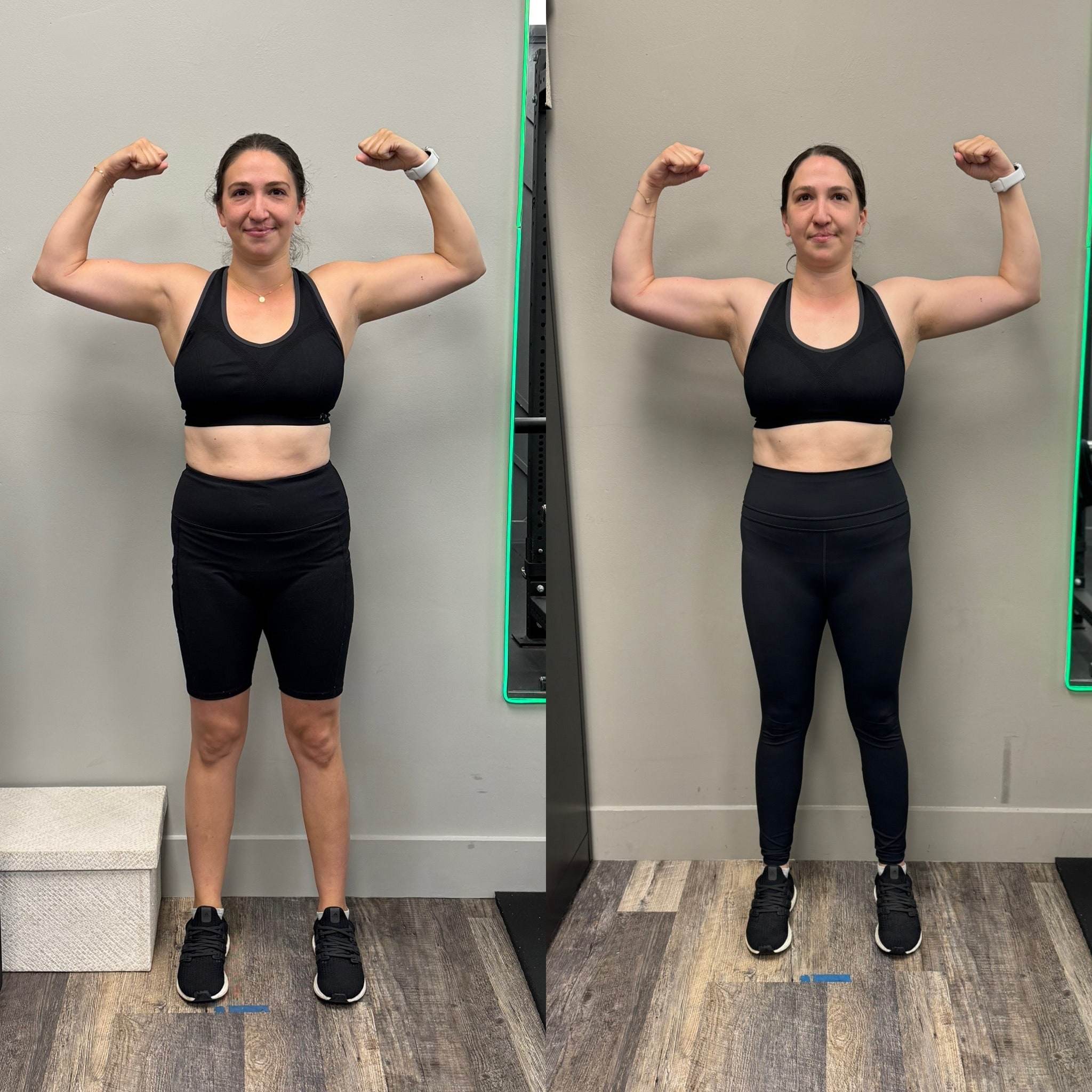 Cristina, a busy mom, before and after training at Balanced Health Fitness: two photos side by side, flexing, front view.