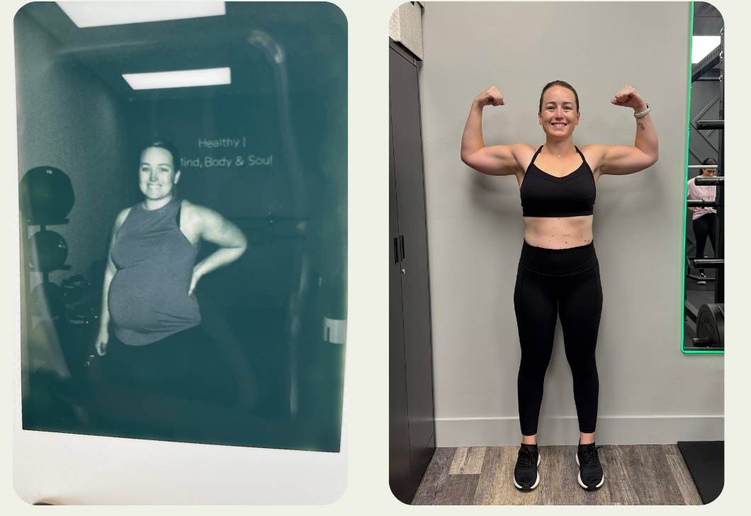 Gillian at Balanced Health Fitness: training at the studio while pregnant, and flexing there after her baby.