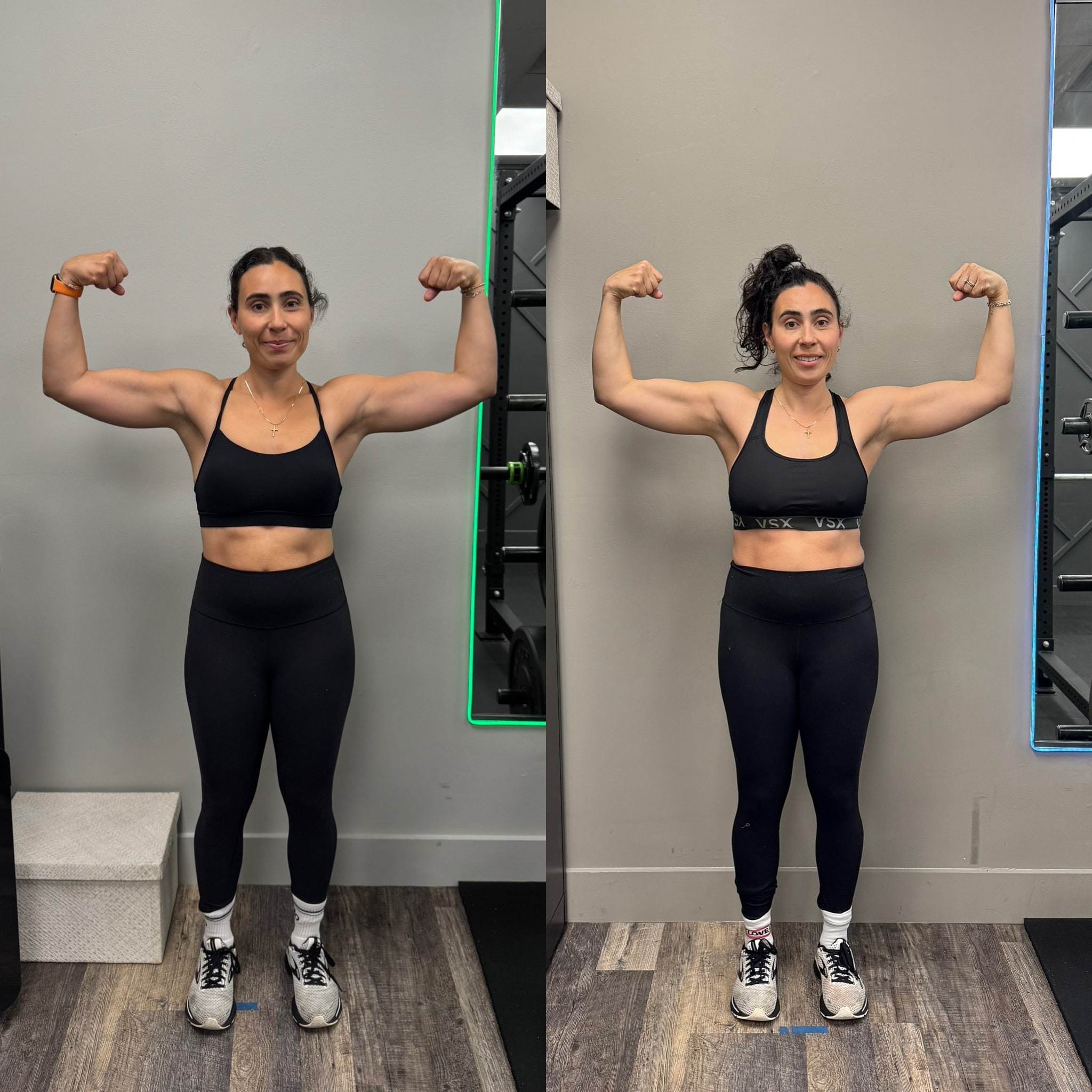 Lauren, a corporate mom of two, before and after training at Balanced Health Fitness: two photos side by side, flexing, front view.